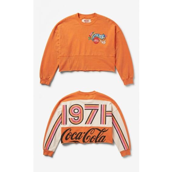 Spirit Jersey Sweaters - Spirit Jersey Coca-Cola 1971 Cropped Sweatshirt Small Orange Retro Graphic Top